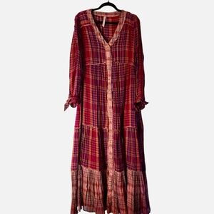 Anthropologie Red Plaid Button-Front Maxi Dress